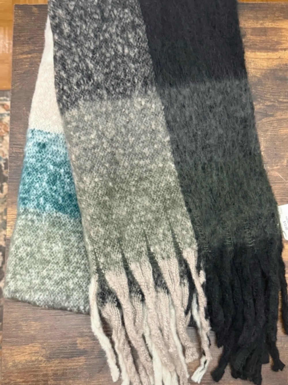 Ombre Fringe Knit Scarf in Teal, Gray, and Black